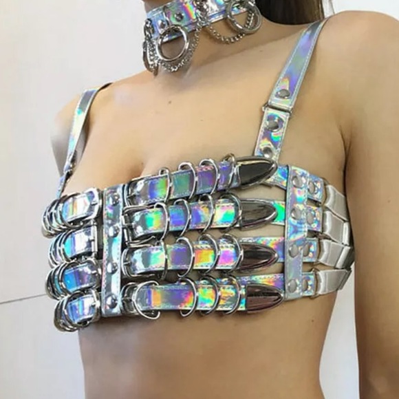 Tops - Iridescent holographic buckle strap top rave club